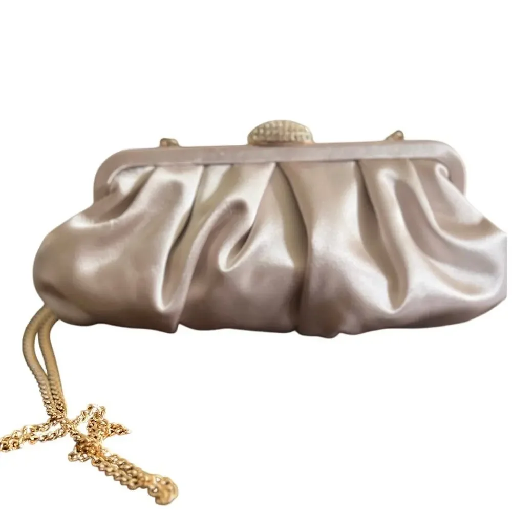 Kelly & Katie Evening Bag Pleated Clutch Satin Champagne Gold Rhinestone Chain